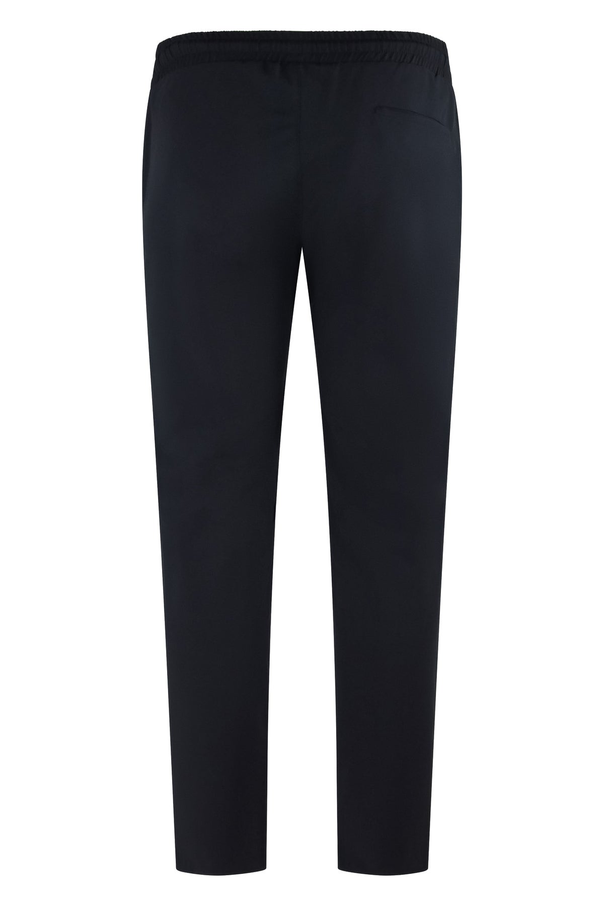 Navy drawstring tech pants with elastic waistband, back view