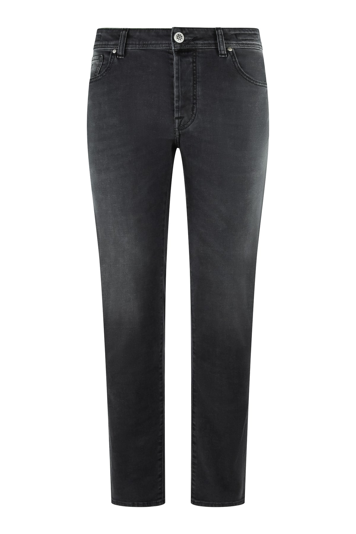 Men's stretch denim jeans, dark grey, mid-rise, slim straight fit, five-pocket style.