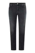 Men's stretch denim jeans, dark grey, mid-rise, slim straight fit, five-pocket style.