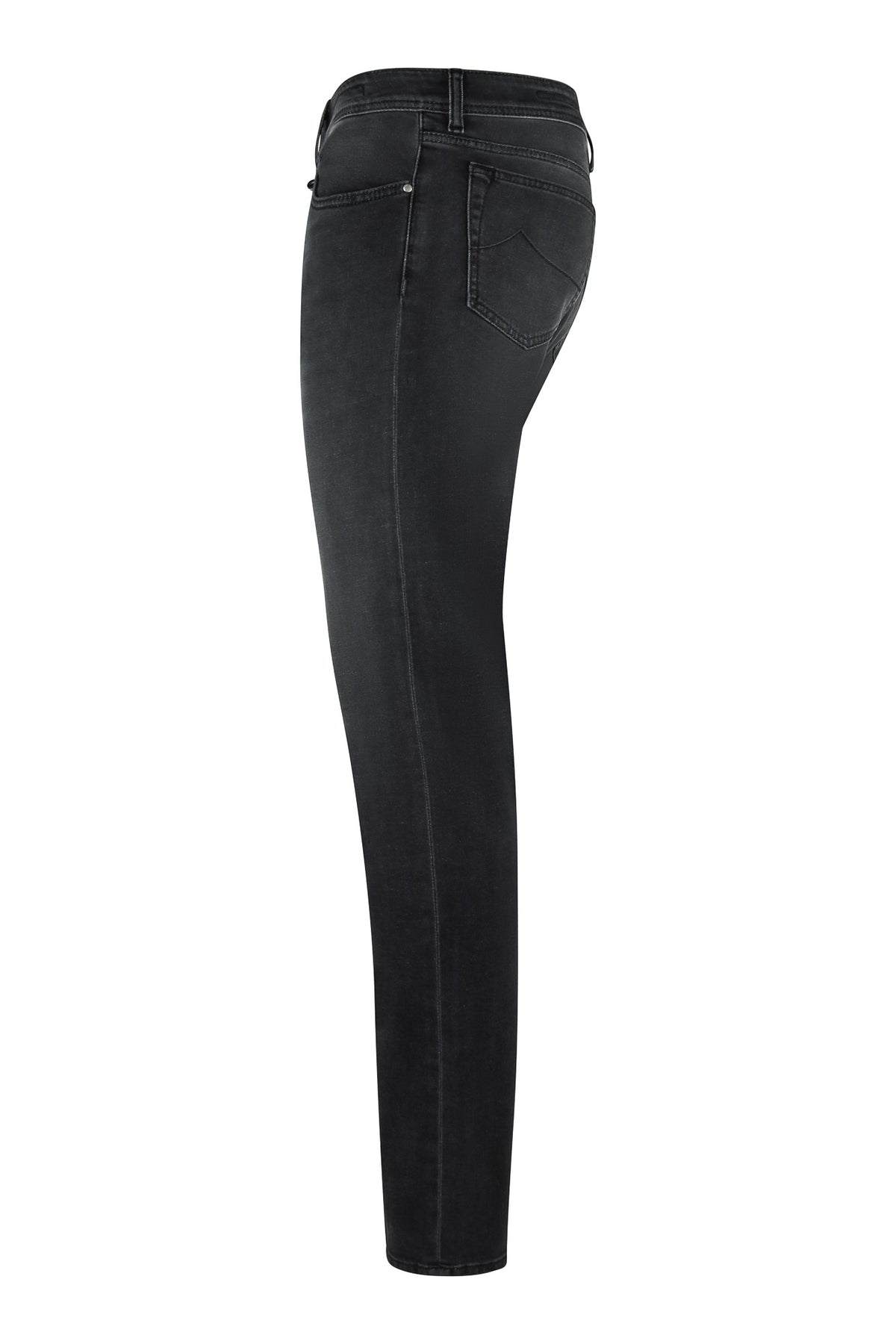 Men's stretch denim jeans, dark grey, mid-rise, straight leg, side view.
