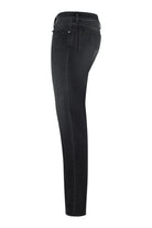 Men's stretch denim jeans, dark grey, mid-rise, straight leg, side view.