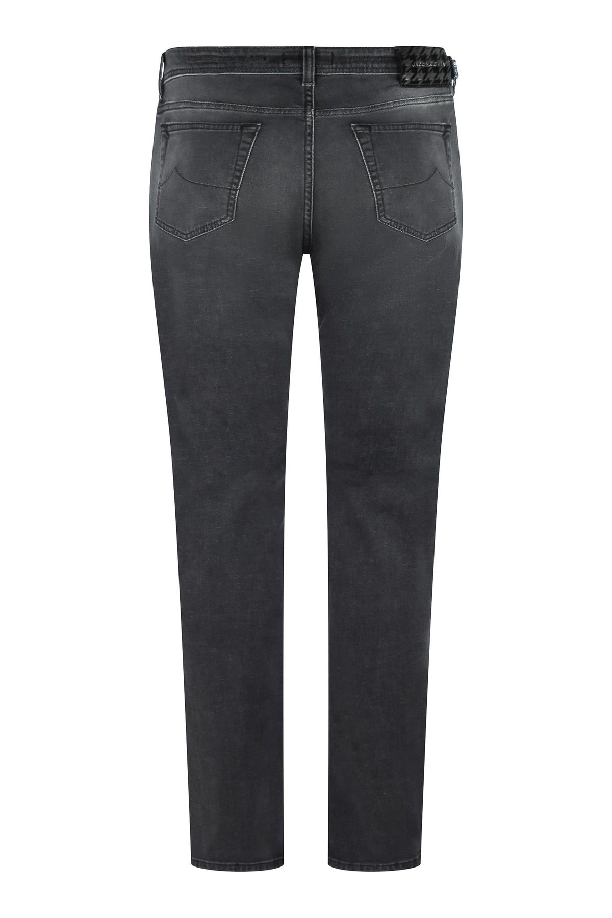 Men's stretch denim jeans, dark grey, five-pocket styling, straight leg, front view.