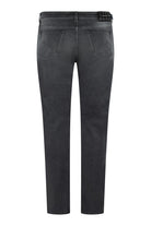 Men's stretch denim jeans, dark grey, five-pocket styling, straight leg, front view.