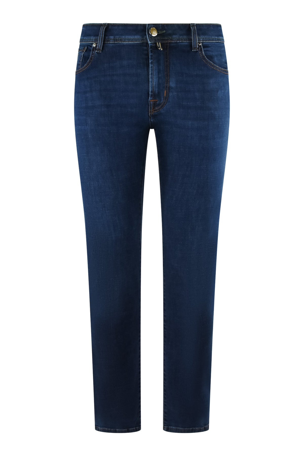 Men's stretch denim jeans, medium blue, straight leg, zip fly