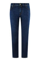 Men's stretch denim jeans, medium blue, straight leg, zip fly