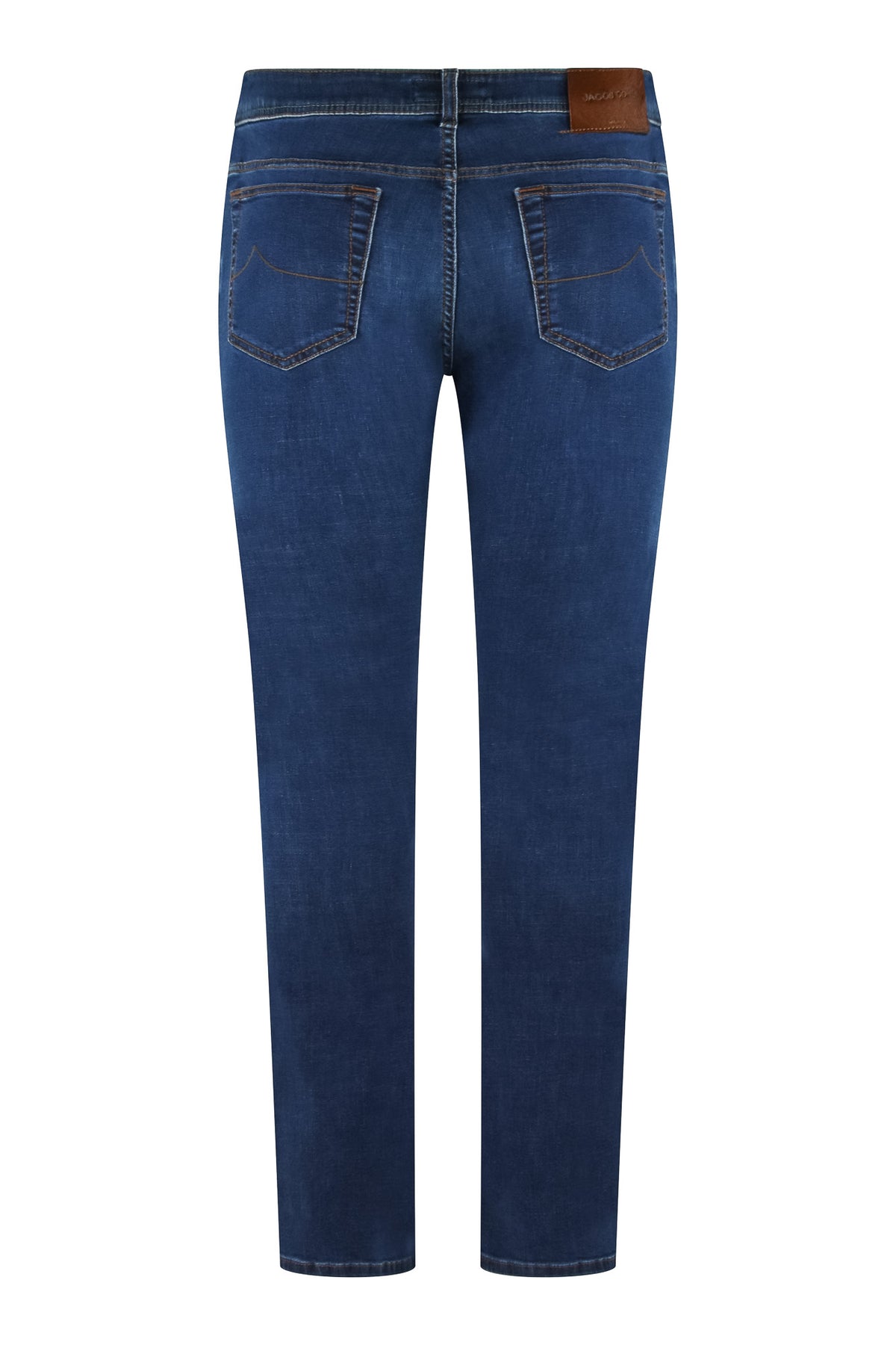 Men's stretch denim jeans, medium blue, rear pockets, brown leather patch
