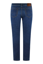 Men's stretch denim jeans, medium blue, rear pockets, brown leather patch
