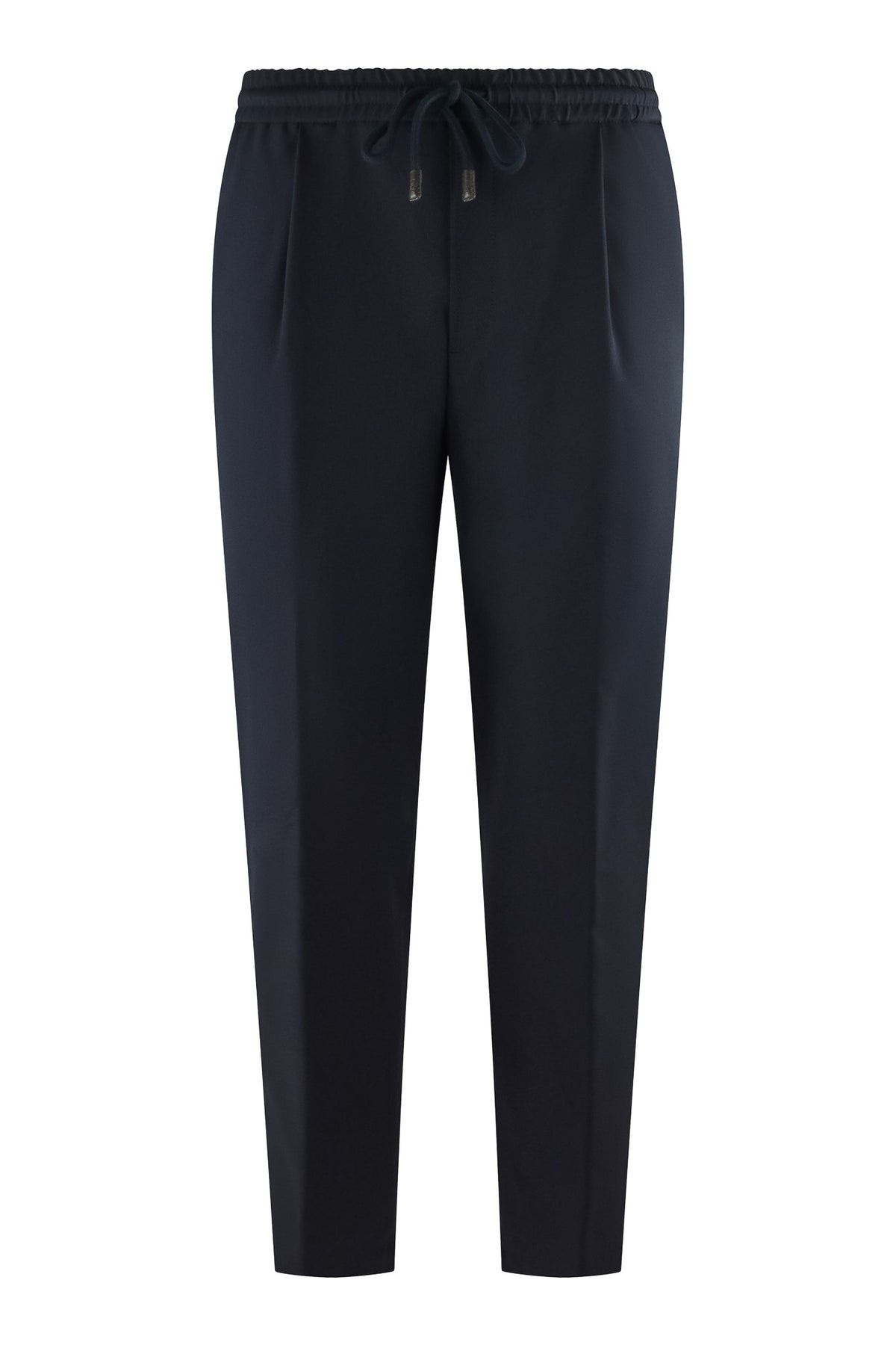 Navy drawstring tech pants with elastic waist and tapered legs