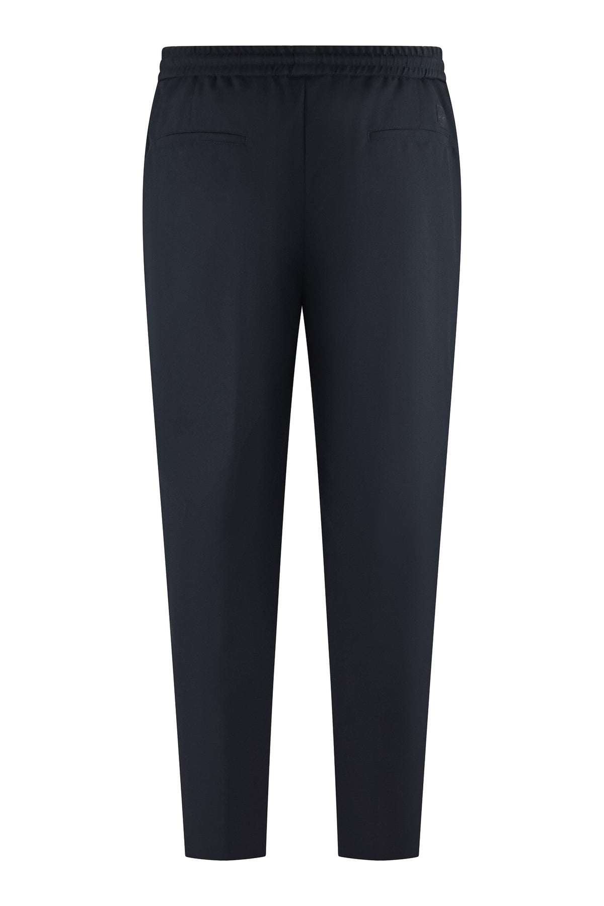 Navy tech pants with elastic waistband and tapered straight-leg cut