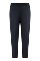Navy tech pants with elastic waistband and tapered straight-leg cut