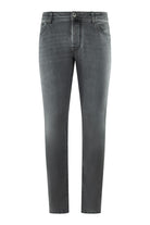 Light grey stretch denim jeans with straight leg, button waist, and Jacob Cohen badge