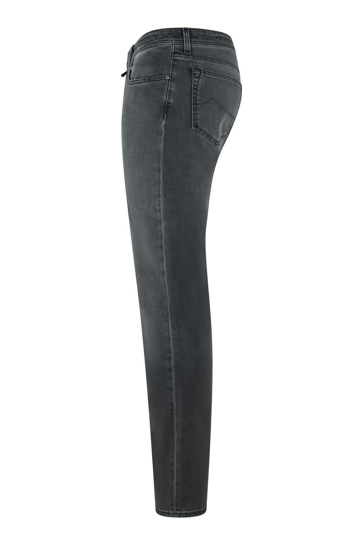 Dark grey stretch jeans in a straight leg fit with zip fly and five-pocket design