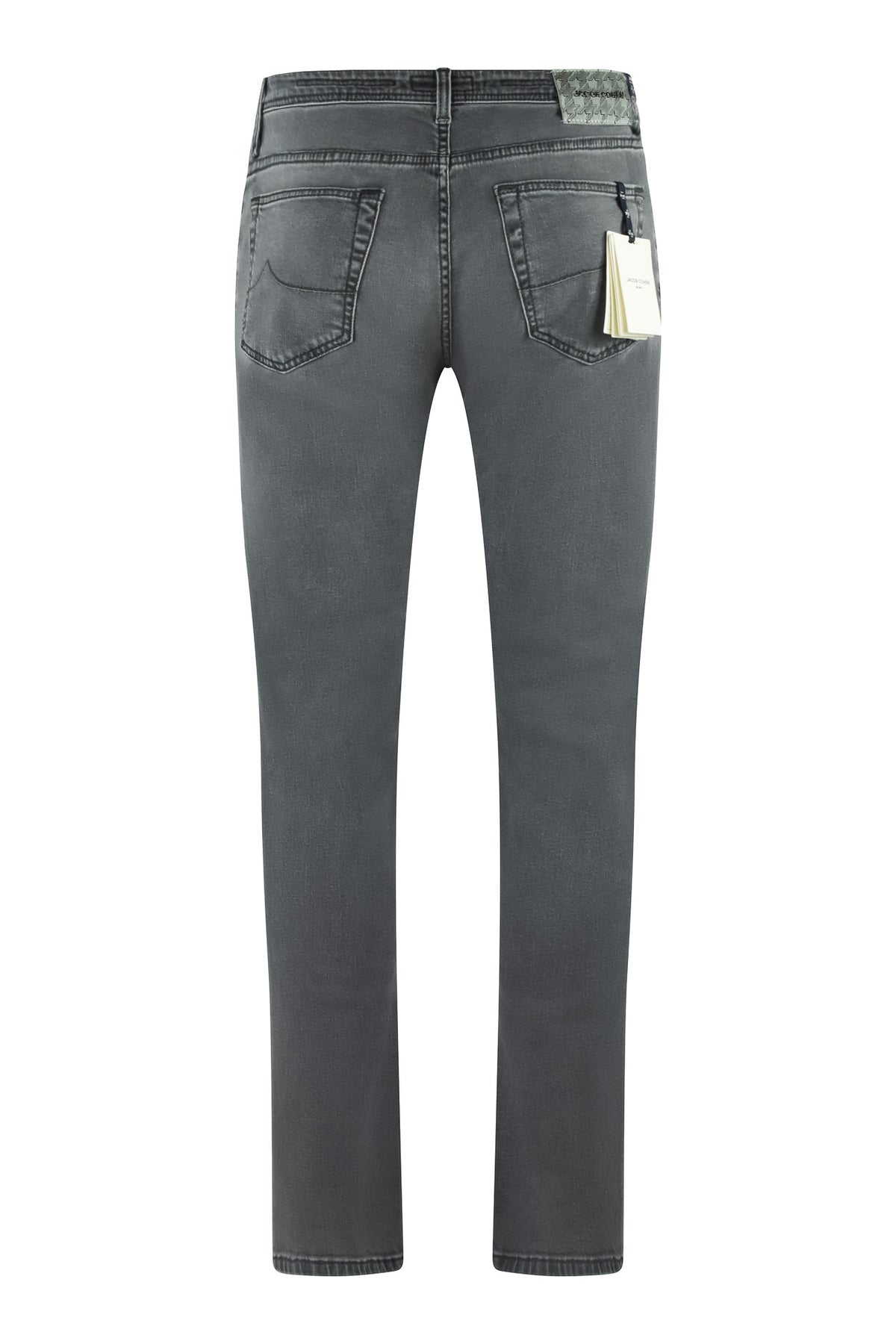 Light grey stretch denim jeans, back view with two rear pockets and belt loops