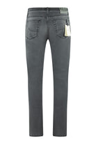 Light grey stretch denim jeans, back view with two rear pockets and belt loops