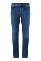 Men's stretch denim jeans in blue, straight leg with button waist