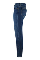 Men's stretch denim jeans in blue, side view with belt loops and zip fly