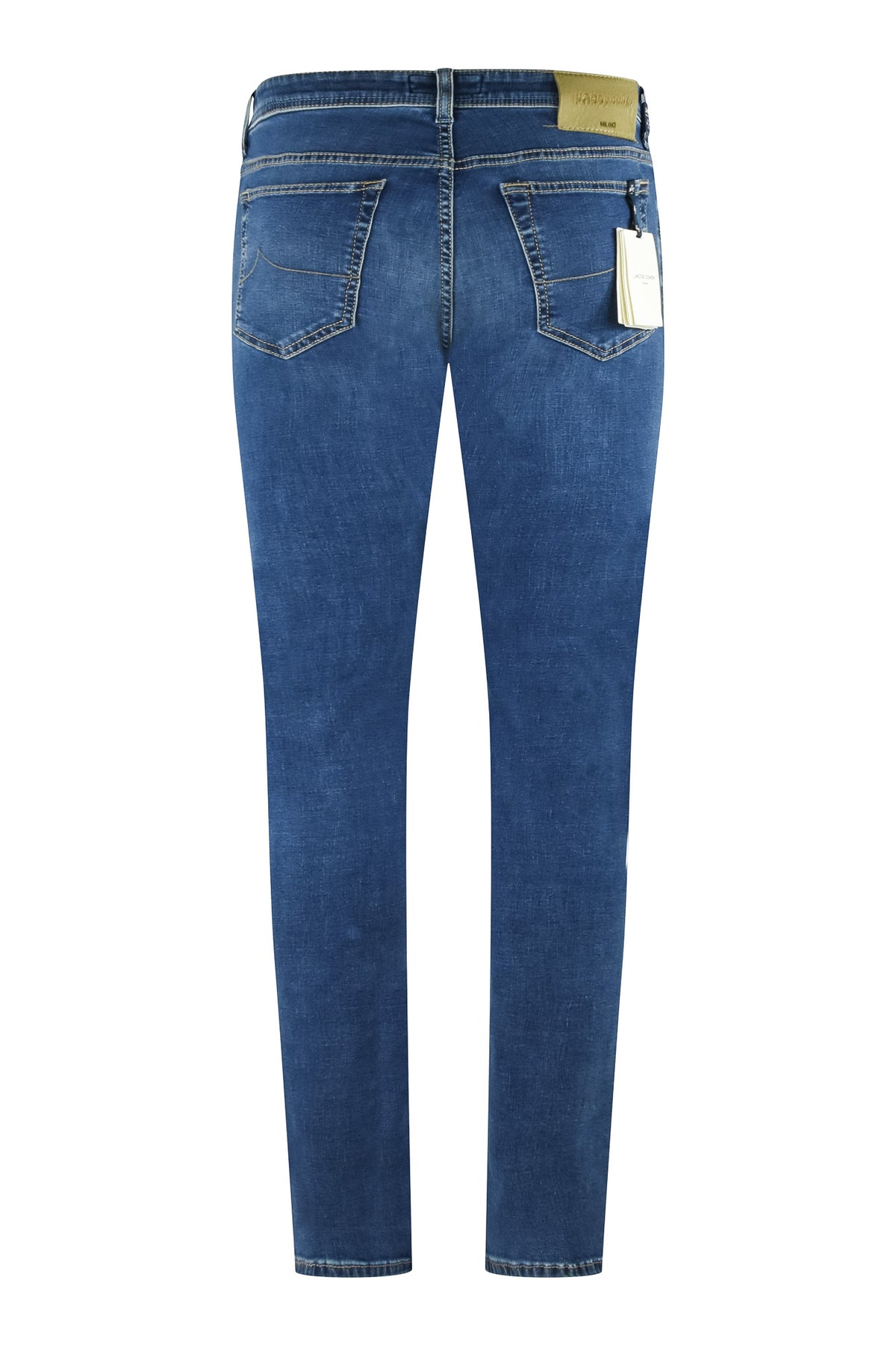 Men's stretch denim jeans in blue, back view with two back pockets