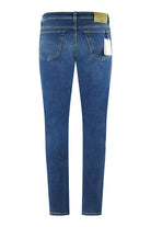 Men's stretch denim jeans in blue, back view with two back pockets