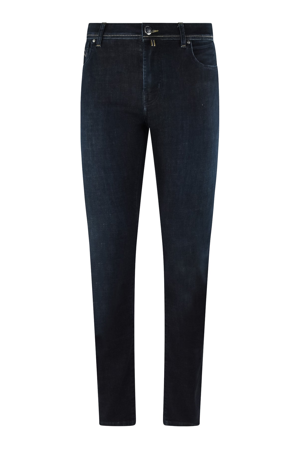 Dark blue stretch denim jeans with straight slim legs and belt loops.