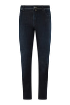 Dark blue stretch denim jeans with straight slim legs and belt loops.