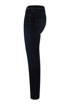 Dark blue denim jeans, side view, straight slim fit with belt loops.