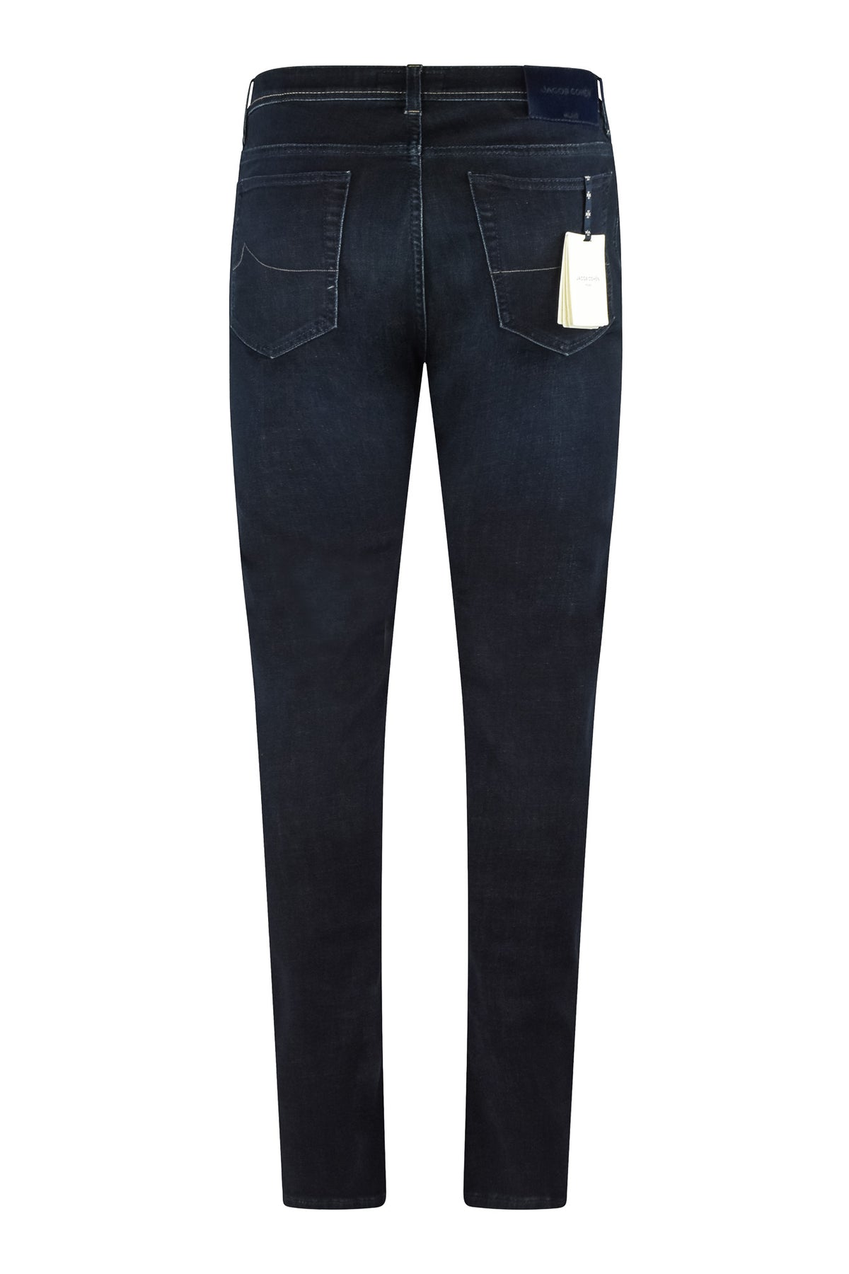 Dark blue stretch denim jeans with button fly and front pockets.