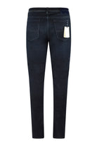 Dark blue stretch denim jeans with button fly and front pockets.