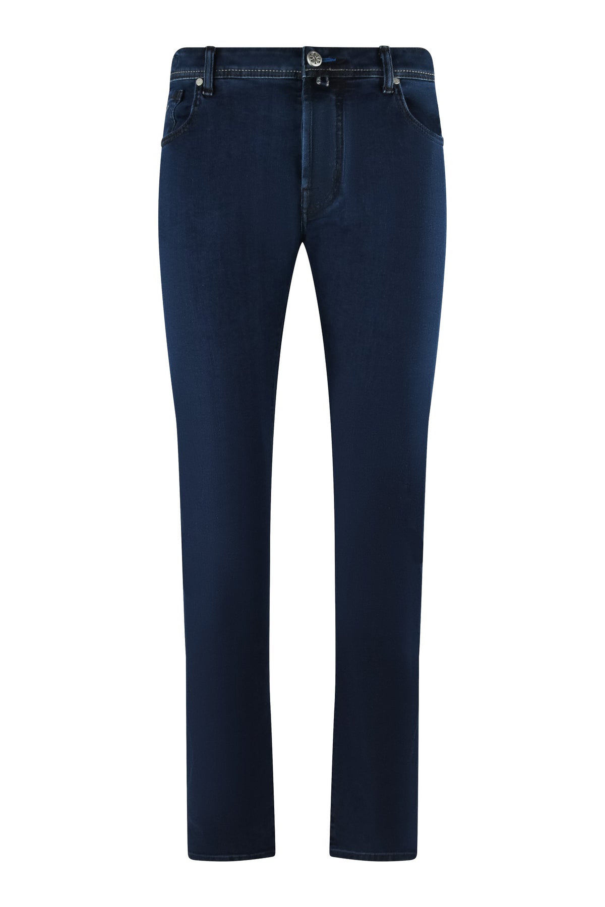 Dark blue stretch denim jeans with straight leg and button waistband