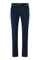 Dark blue stretch denim jeans with straight leg and button waistband