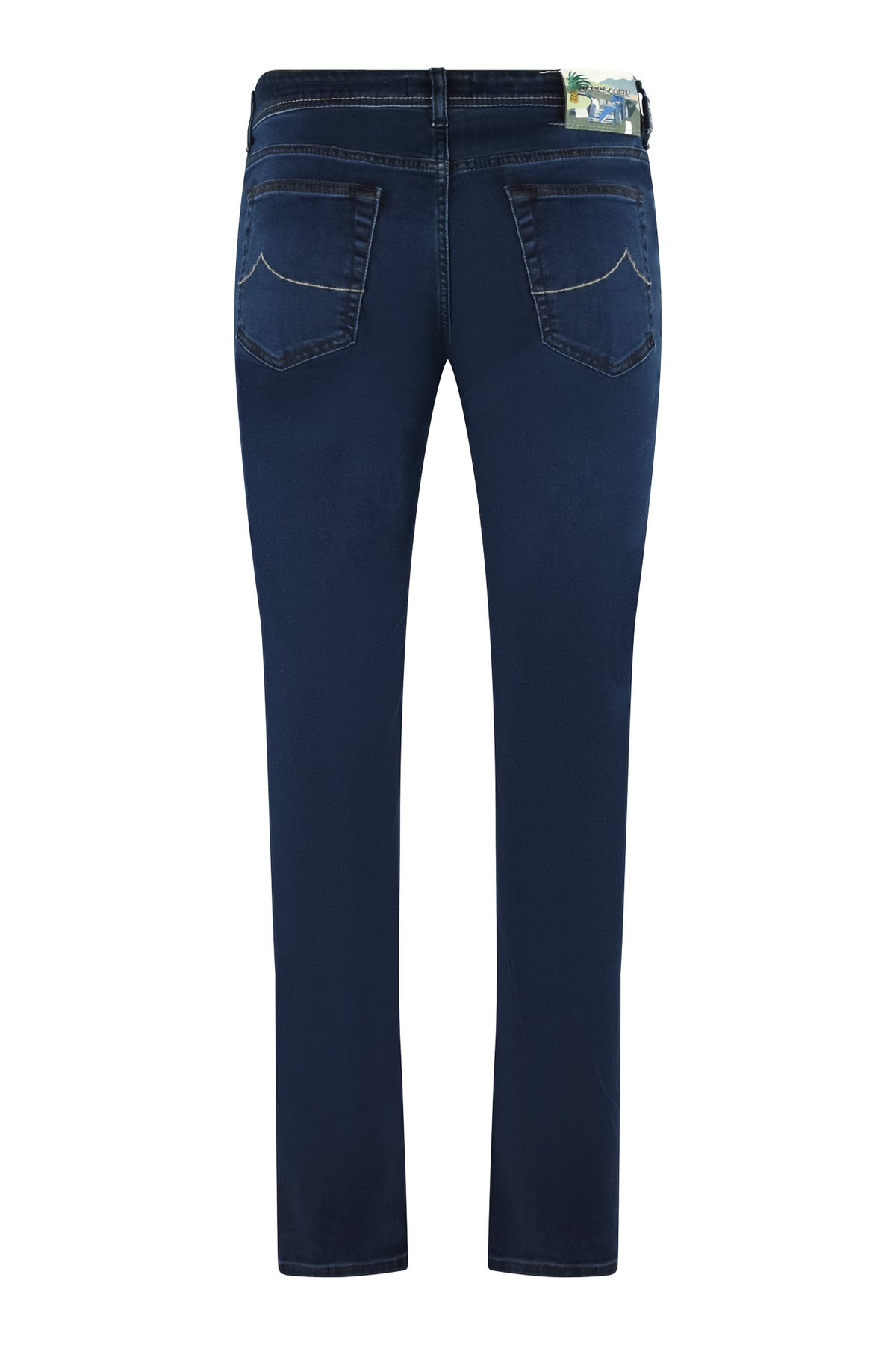 Dark blue stretch denim jeans with back pockets and belt loops