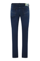 Dark blue stretch denim jeans with back pockets and belt loops
