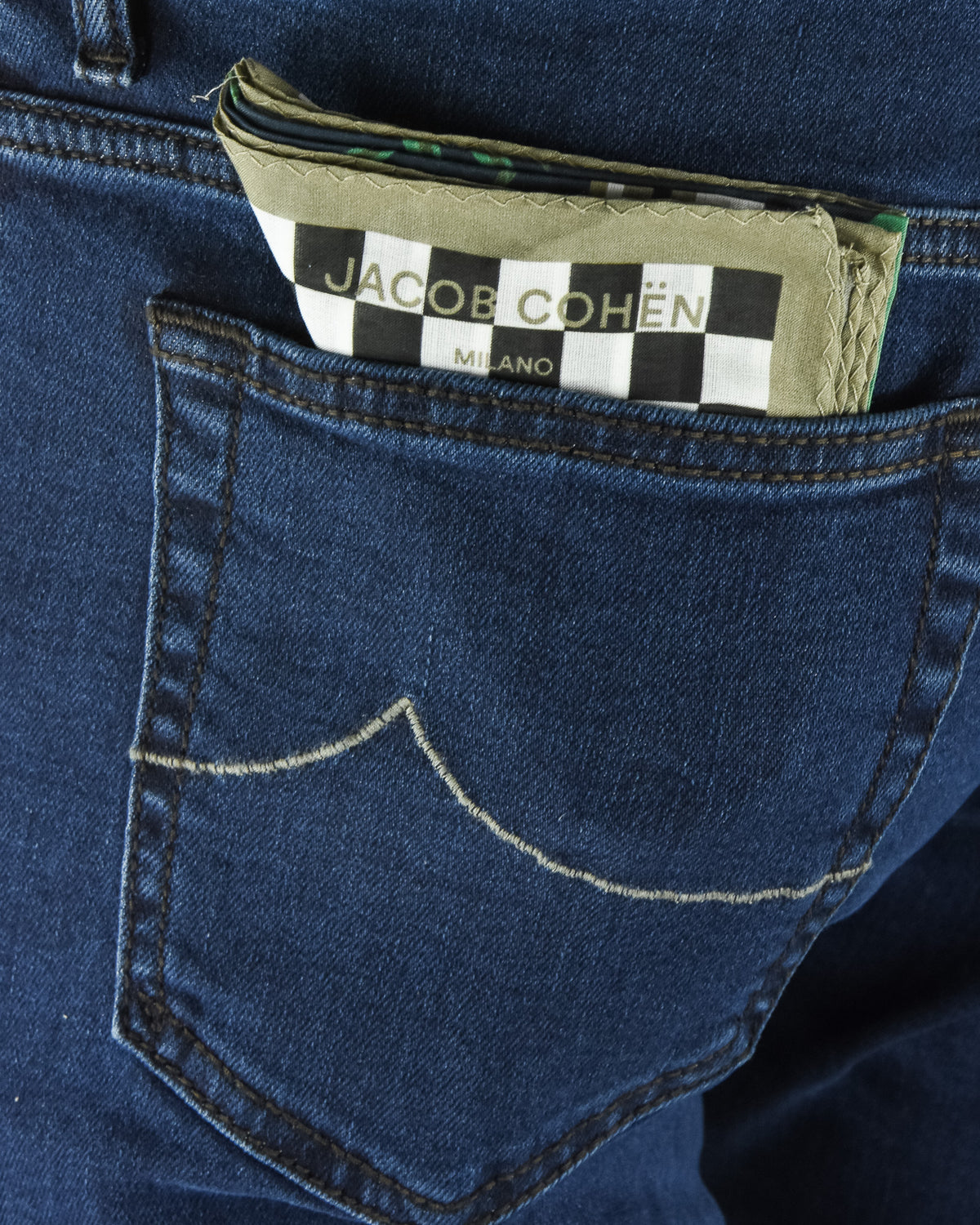Dark blue denim jeans close-up of coin pocket and brand patch