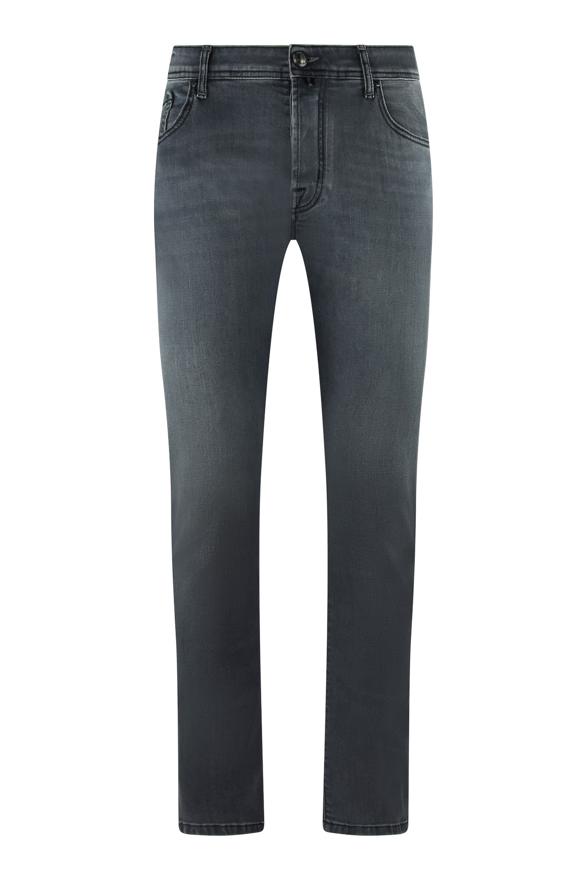 Mid-grey stretch denim jeans with straight legs and button-zip fly