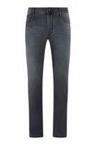 Mid-grey stretch denim jeans with straight legs and button-zip fly