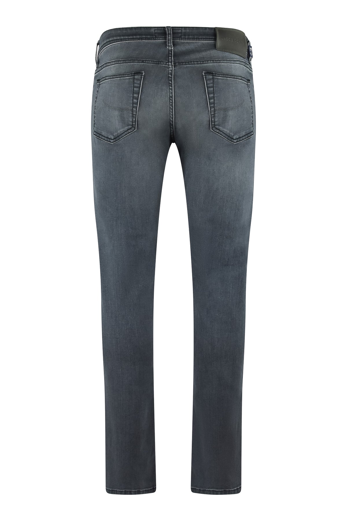 Mid-grey stretch denim jeans with back pockets and straight-leg hems