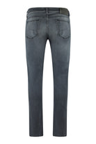 Mid-grey stretch denim jeans with back pockets and straight-leg hems