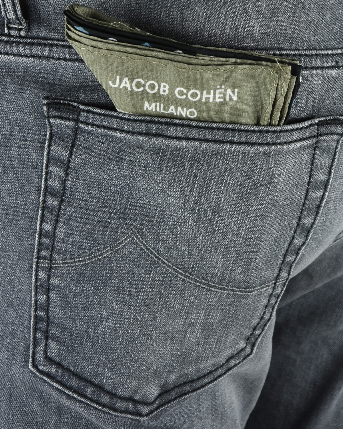 Grey denim front pocket with stitched outline and Jacob Cohen Milano label