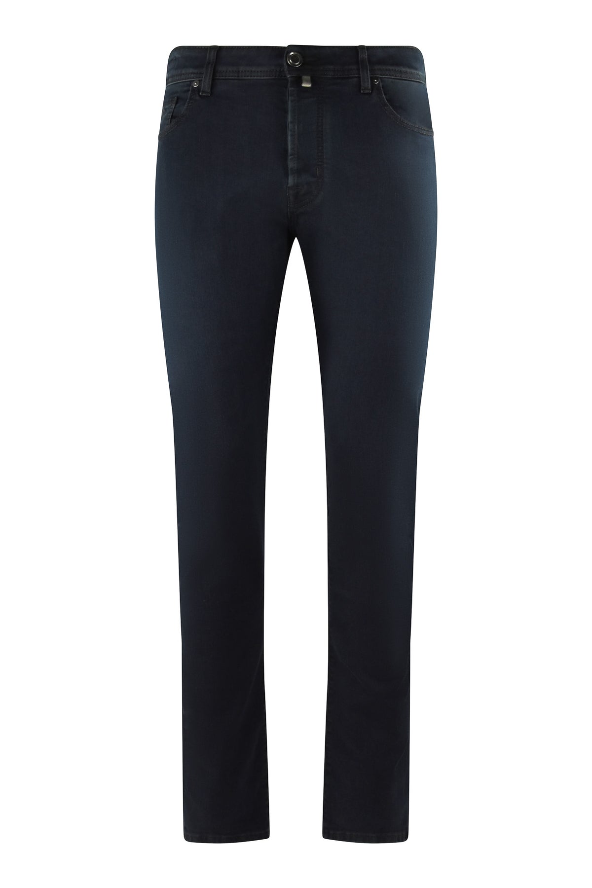 Dark blue stretch denim jeans with button-and-zip fly, straight fast fit legs.