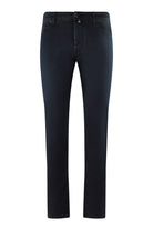 Dark blue stretch denim jeans with button-and-zip fly, straight fast fit legs.