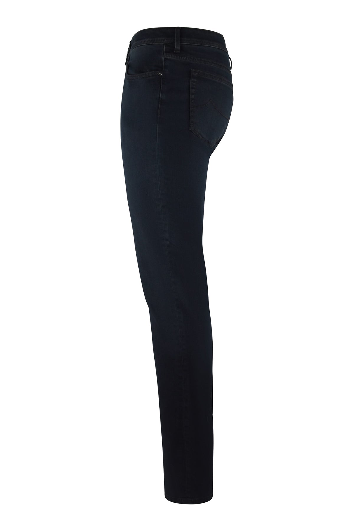 Dark blue stretch denim jeans, slim straight leg with zip-fly waistband view.