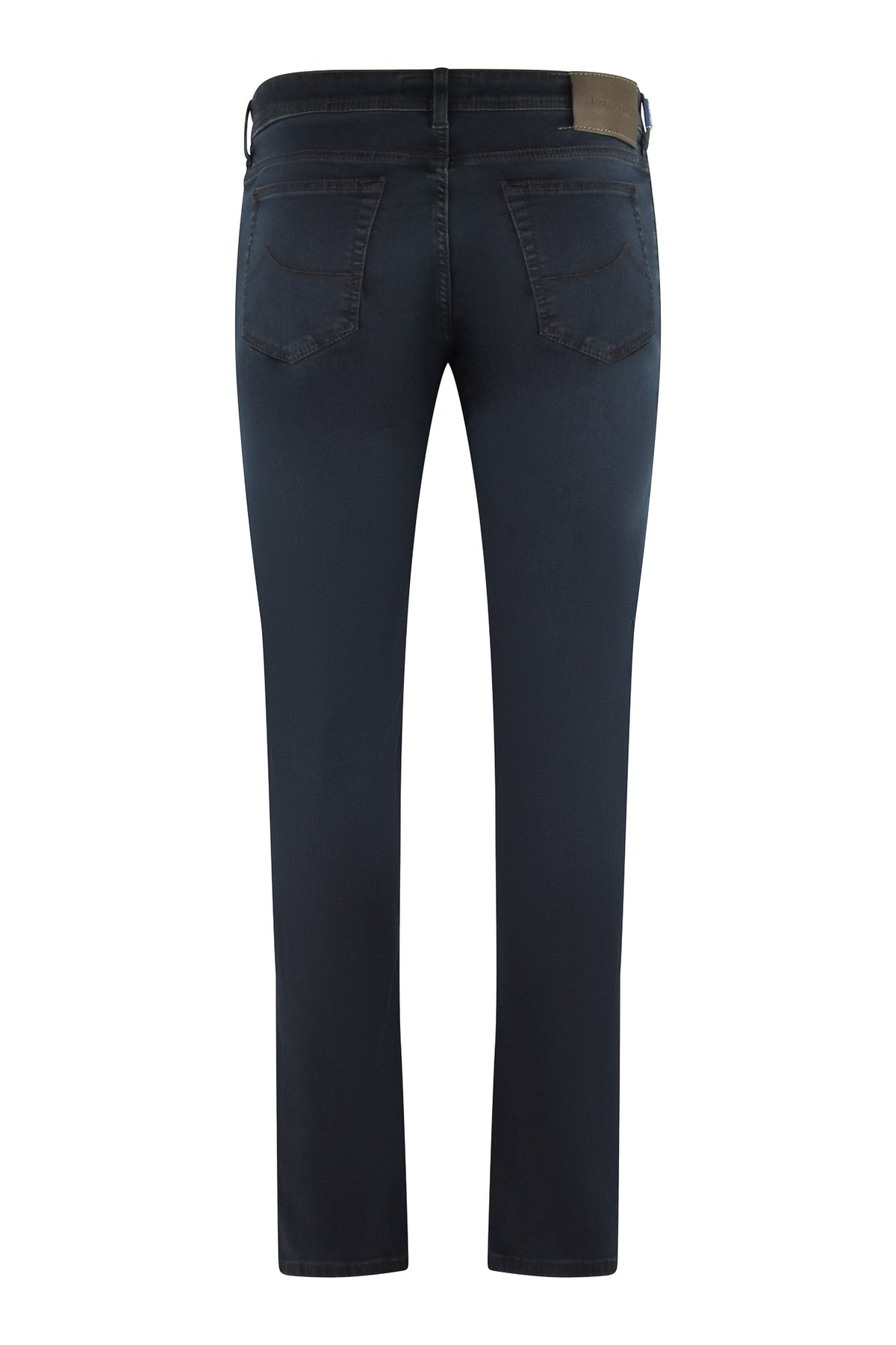 Dark blue stretch denim jeans with rear pockets and yoke, straight leg.