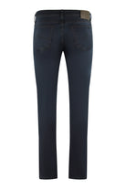 Dark blue stretch denim jeans with rear pockets and yoke, straight leg.