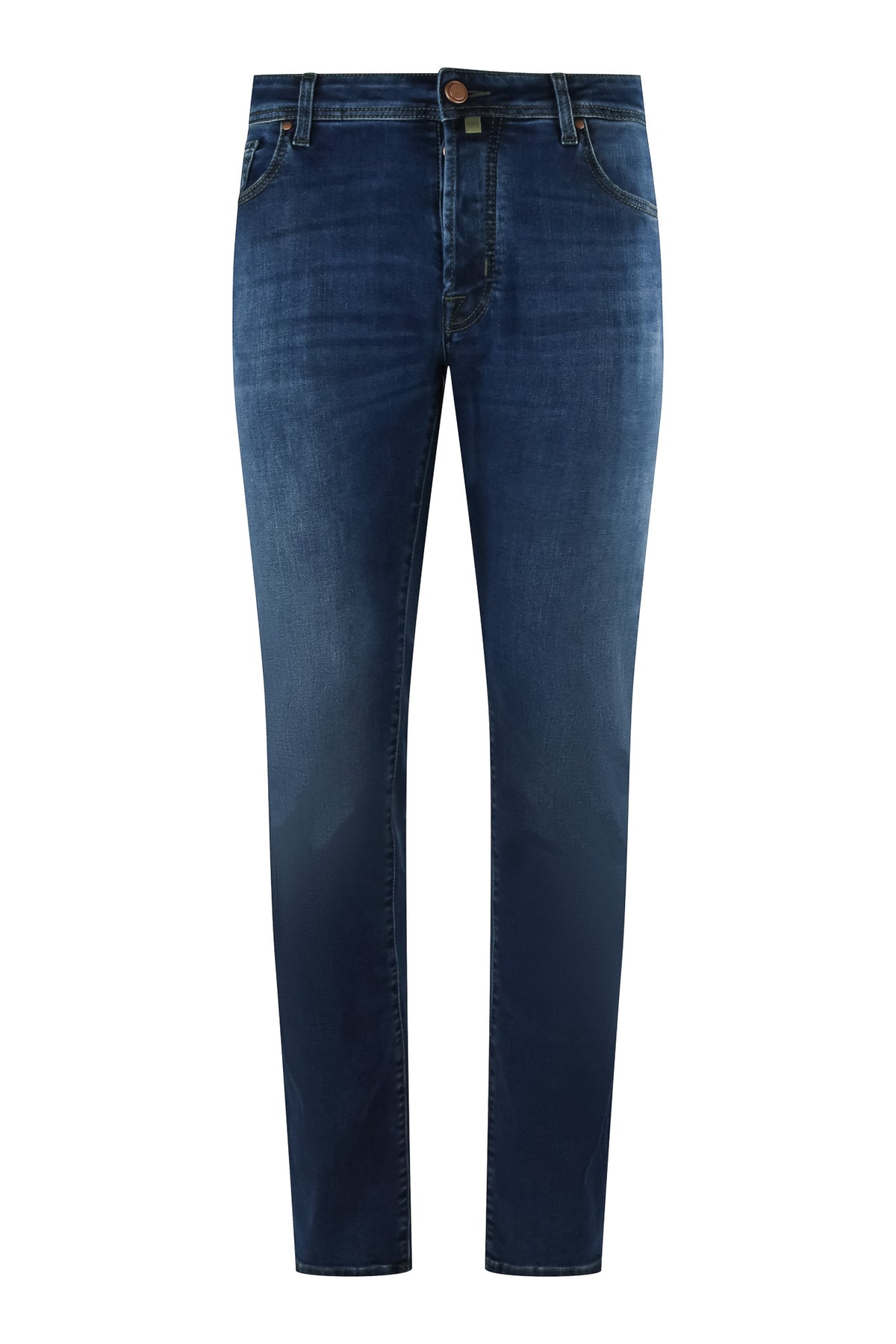 Men's stretch denim jeans, medium blue wash, slim straight Bard fit, button fly.