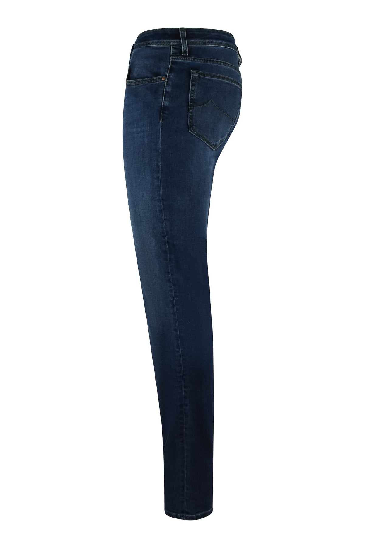 Men's stretch denim jeans in dark medium blue, slim straight leg, button fly.