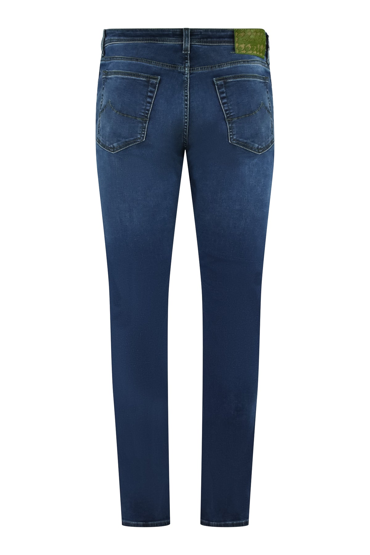 Men's stretch denim jeans, medium blue wash, back pockets, slim straight Bard fit.
