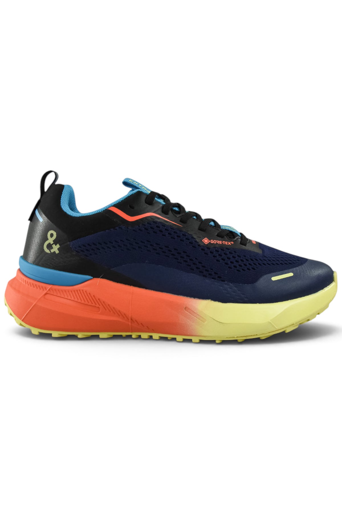 Waterproof running shoes in dark navy with orange midsole and black laces, blue lining.