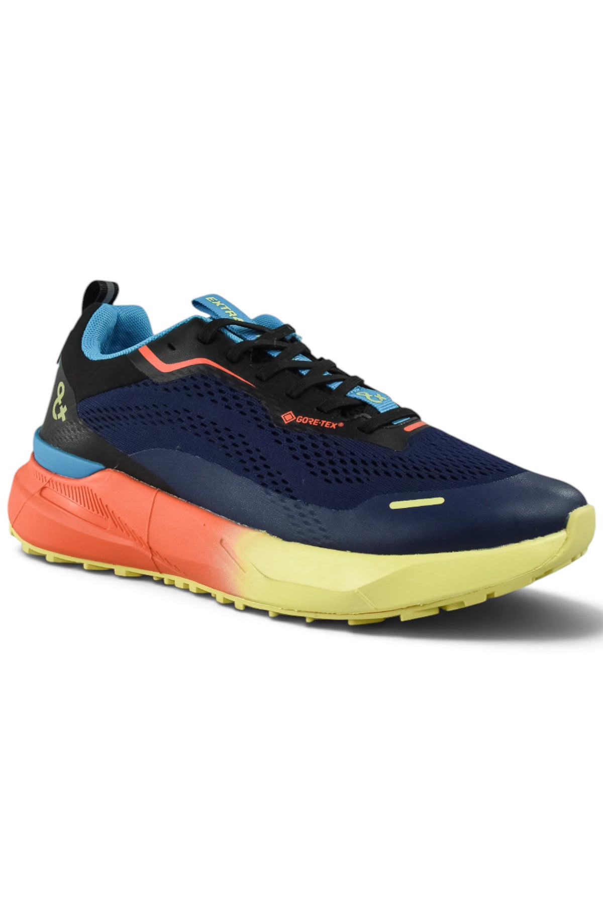 Waterproof running shoes, side view: dark navy upper with black laces, orange and pale yellow sole.