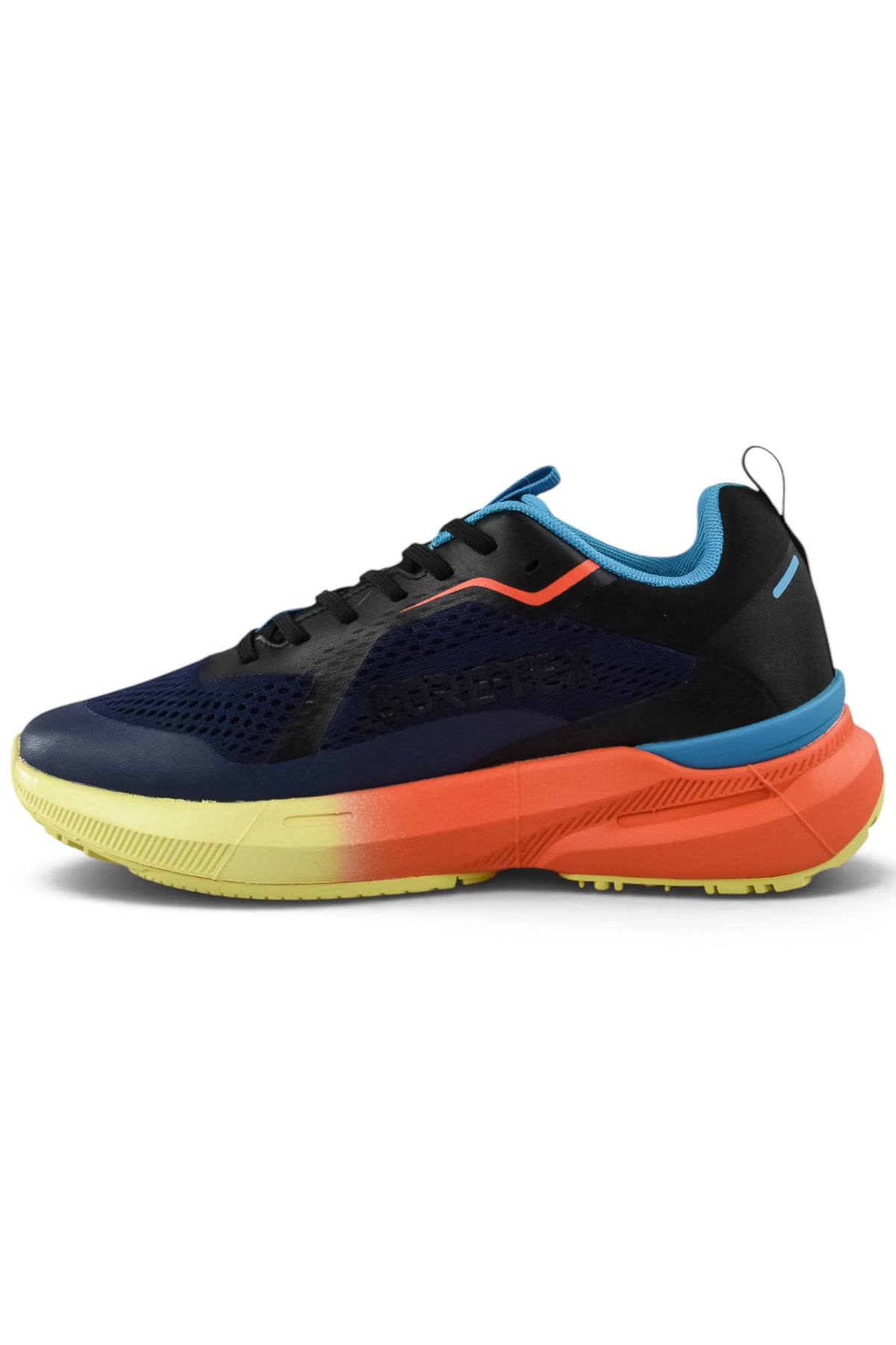 Waterproof running shoes, angled view: dark navy upper with orange stripe, black outsole detail.
