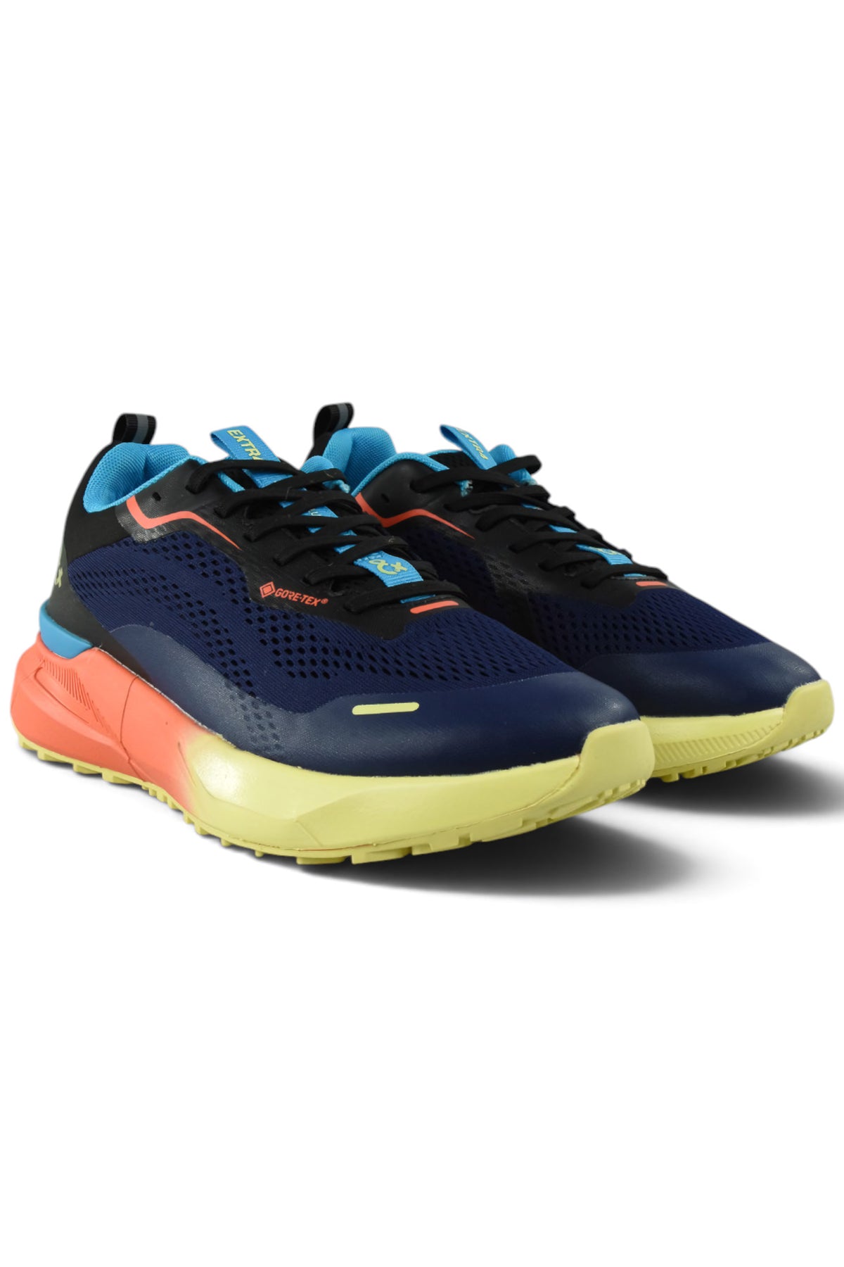 Waterproof running shoes pair view: navy uppers, black laces, blue accents, orange midsole and yellow sole.