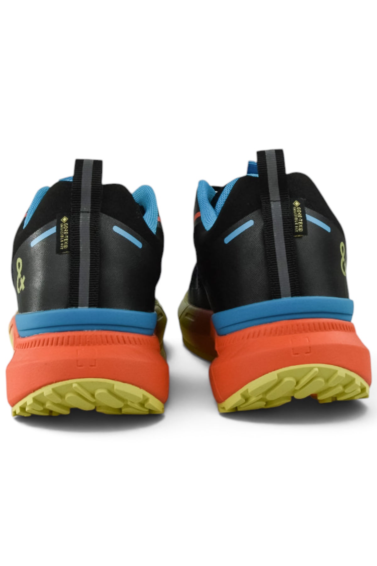 Waterproof running shoes heel view: black heel tabs with blue accents and orange cushioning.